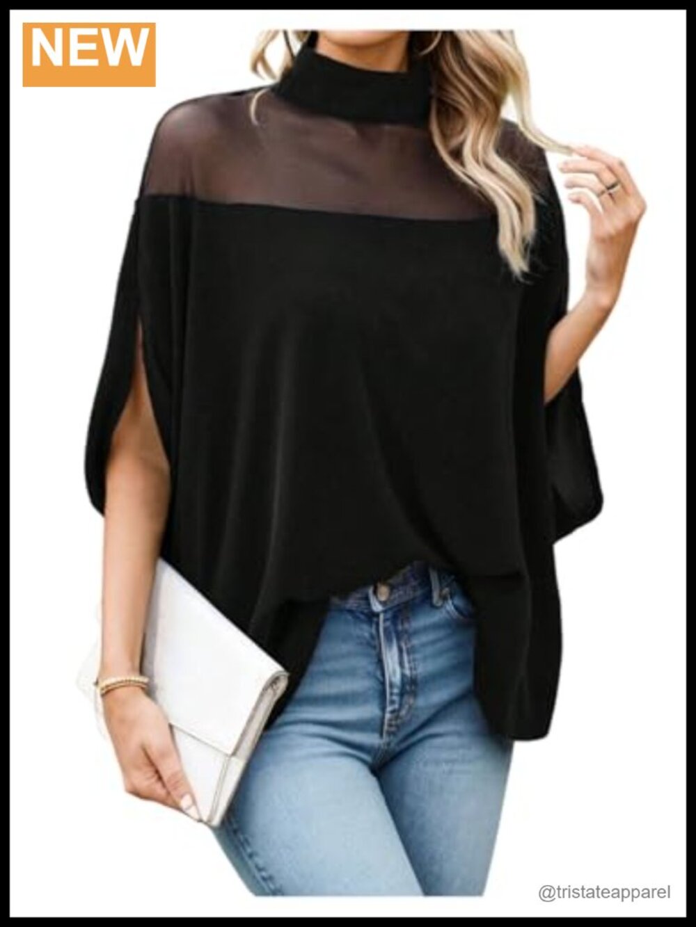 Sheer Mesh Mock Neck Blouse Half Cape Sleeve Loose Fit Top Women's Elegant